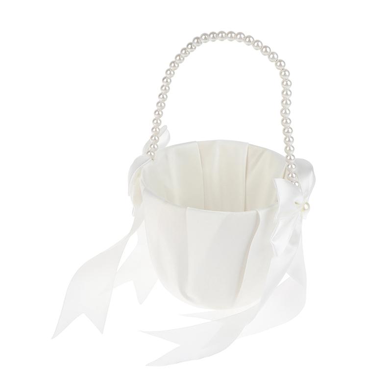 Westlicher Stil Hochzeit Perlen Griff Blumenkorb Schleife Satin Weiß Westlich Rustikal Schleife Hochzeit Blumenkorb Für Blütenblätter