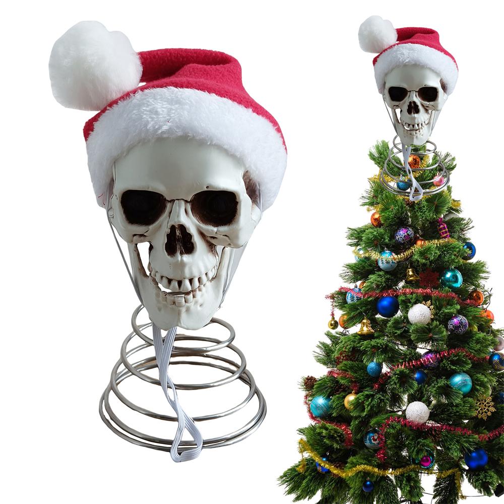 5inch Christmas Tree Topper Skull With Santa Hat Holiday Plastic Skull Ornament Xmas Colorful Skull Ornaments Navidad Decoration