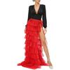 Women Tulle Tutu Long Skirt Multi-layer Ruffled Elastic Slit Mesh Cocktail Party Skirt for Beach Streetwear