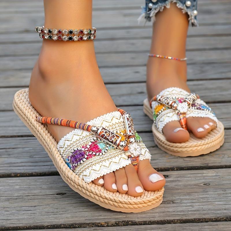 Women's Summer Slip-On Sandals  Comfortable Non-Slip EVA Sole,Breathable Fabric Upper with Colorful Beaded Ankle Strap - Casual Beach Shoes for Women,
