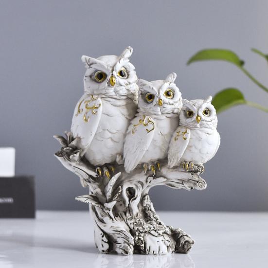 Owl Family Resin Figurines, Rustic Tree Branch Animal Statues, American Country Home Decor for Living Room TV Stand Bookshelf Bedroom, Unique