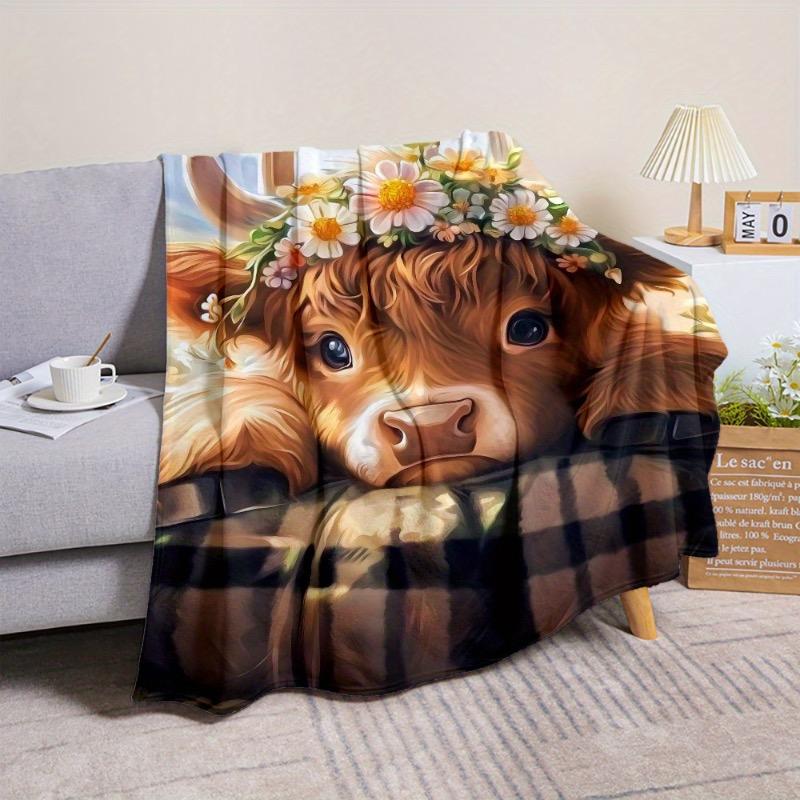 1-piece set cute highland cow with floral print versatile for multiple seasons suitable for sofas beds and cars