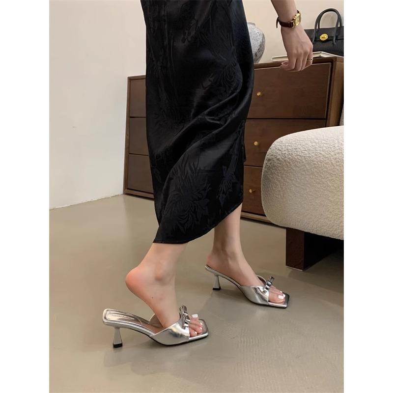 High heels gentle bow square head open-toed sandals women's 2025 summer new soft-soled simple one-word slippers non-slip