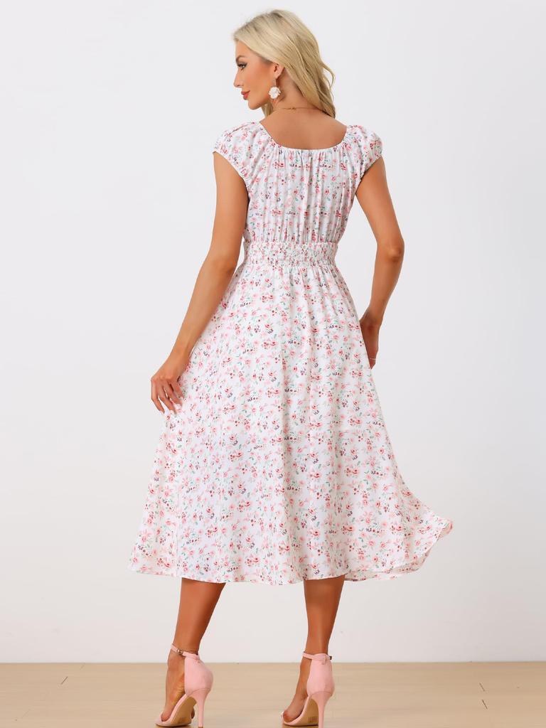 Allegra K Women's Casual Floral Print Square Neck Elastic Waist Maxi Dress, Sleeveless, White, Size M