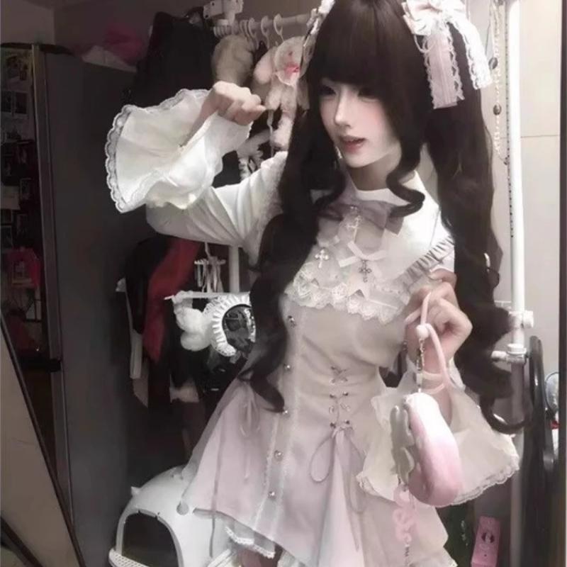 Japanese Y2 Aesthetics Vintage Bow Dress Shorts Set Women Gothic Lolita Style Long Sleeve Shirt Dress Elegant Party Dress Suits