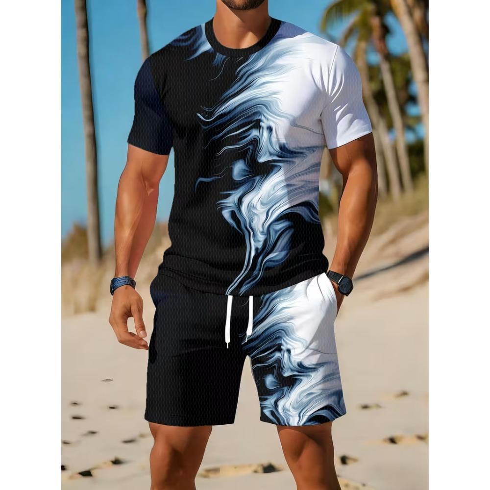 Summer Men's 3D Printed Casual Sports Loose Fashionable Comfortable Round Neck Short Sleeved Shorts Set Letter Stripe Pattern Sports Wear