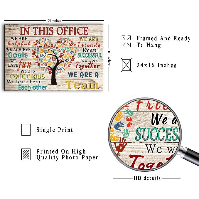 WHAOMIOT In This Office We Are A Team Inspirational Wall Art Positive Modern Decor Poster Canvas Print 24x16 Inch Frame Ready To Hang, Framed 24×16