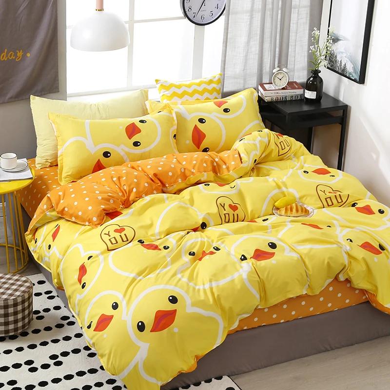 Cartoon Duck Duvet Cover Twin Queen Size, Cute Farmhouse Livestock Yellow Duck Bedding Set for Kids Boy Bedroom Decor 3/4pcs Set