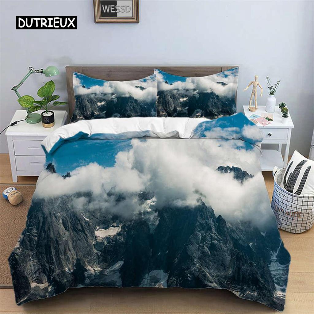 Snow Mountain Duvet Cover Set Polyester 3D Landscape Bedding Set for Teens Adults Ski Slope Winter Theme Queen Comforter Cover