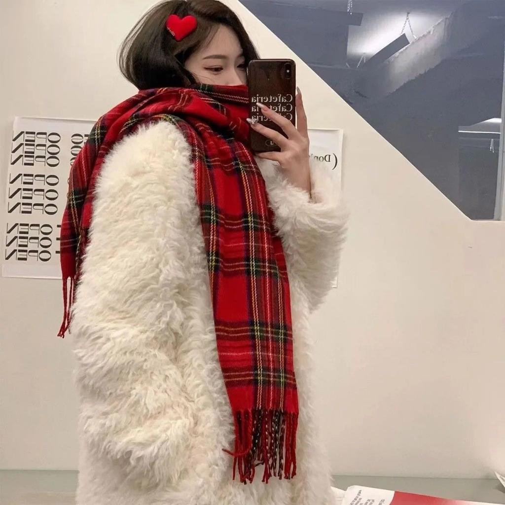 Red Plaid Warm Tassel Atmosphere Scarf Birthday Christmas Gift Winter Versatile Student Couple Shawl Women