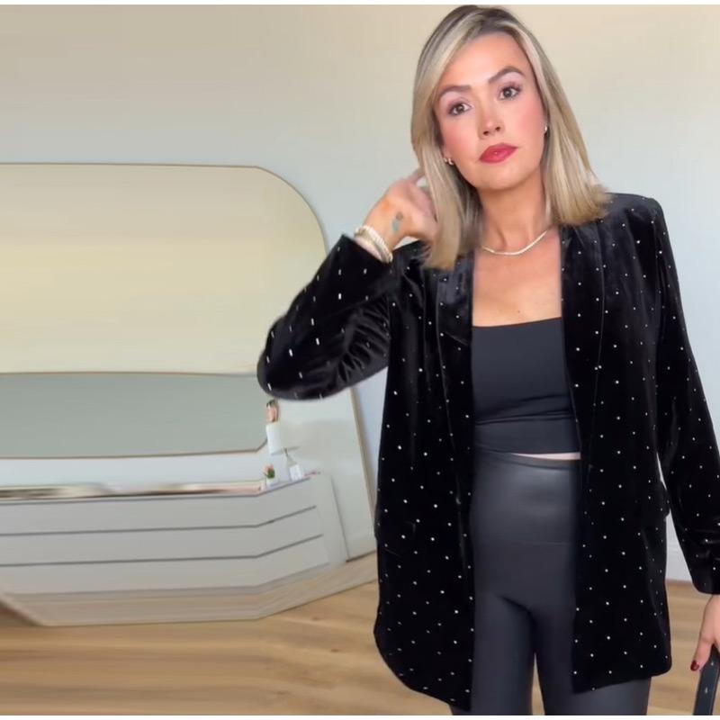 Blazer Feminino de Veludo com Diamantes Moda Slim Manga Longa Jaqueta de Terno Feminino Casaco de Terno Casual 2025 Brilho Office Lady Streetwear