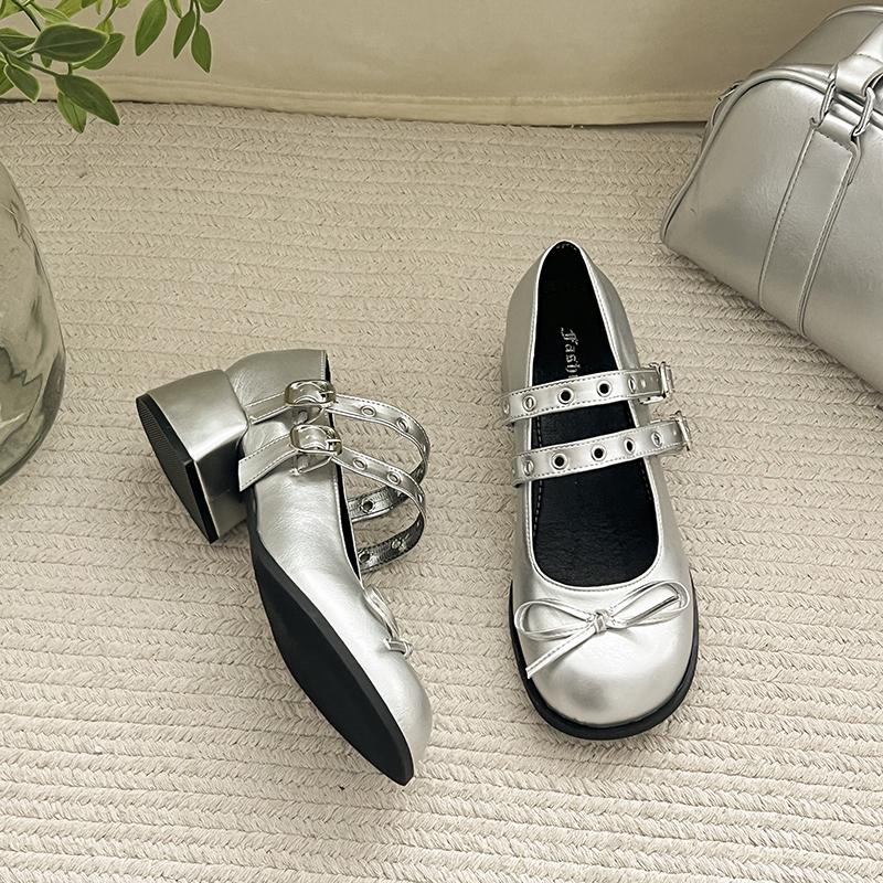 Fashion French Vintage Block Heel Mary Jane High Heels 2025 New Spring and Autumn Shallow Bow with Skirt Small Leather Shoes