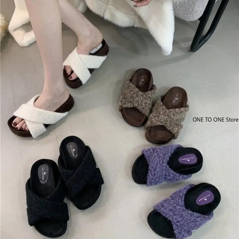 Fashion New House Blue Furry Slipper Women Winter Women Cross Fluffy Fur Home Slide Flat Indoor Floor Shoes Ladies FlipFlops Woman Shoes
