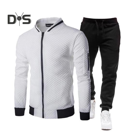 

1 комплект мужской спортивный костюм с воротником-стойкой, куртка на молнии, эластичный пояс на шнурке, спортивные брюки, спортивная одежда, комплект из двух предметов, осень-зима, для бега на открытом воздухе, для велоспорта L белый