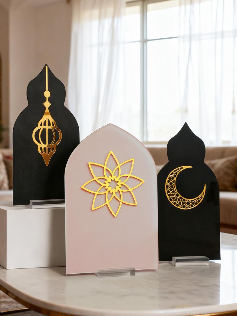 Islamic Ramadan Table Decor Lantern Moon Flower Acrylic Ornaments for Eid Mubarak Kareem Muslim Festival Home Desktop Decor Gift