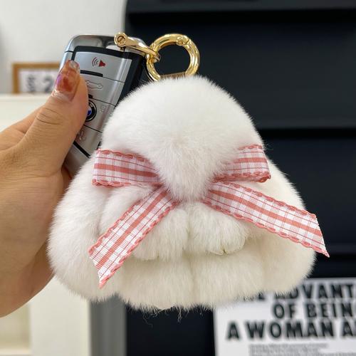 Real Rex Rabbit Hair Bowknot Little Rabbit Car Key Chain Pendant Cute Plush Drop Ear Rabbit Doll Bag Pendant