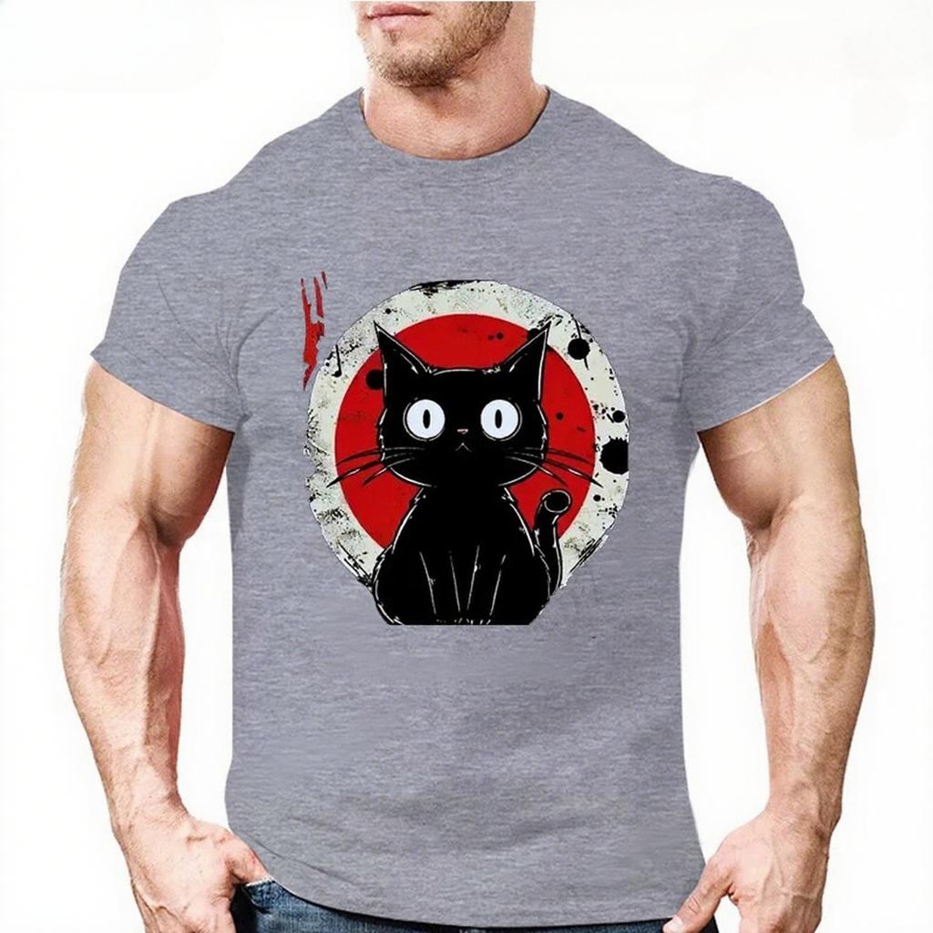 Summer Round Neck 3D Japanese Black Anime Cat Pattern Print Top Fashionable Casual Short Sleeved Men's T-shirts