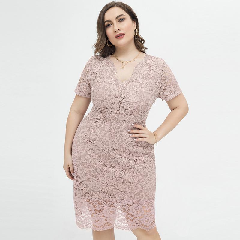 Rochie de damă, mărime mare, cu ajustare relaxată, dantelă florală, cu decolteu în V, mânecă scurtă, midi, pentru petrecere, haine de zi cu zi, birou, ținute de ocazie XL-4XL
