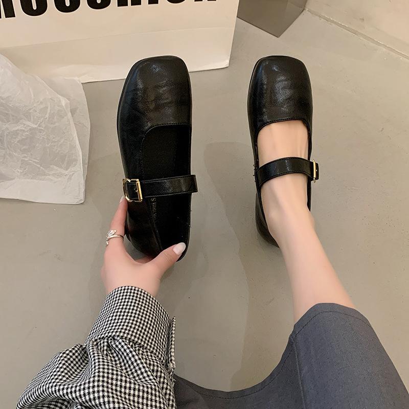 2025 Spring and Autumn New French Mary Jane Single Shoes Women's Korean Version Square Head One Pedal Shallow Mouth Flat Bottom Doudou Women's Shoes