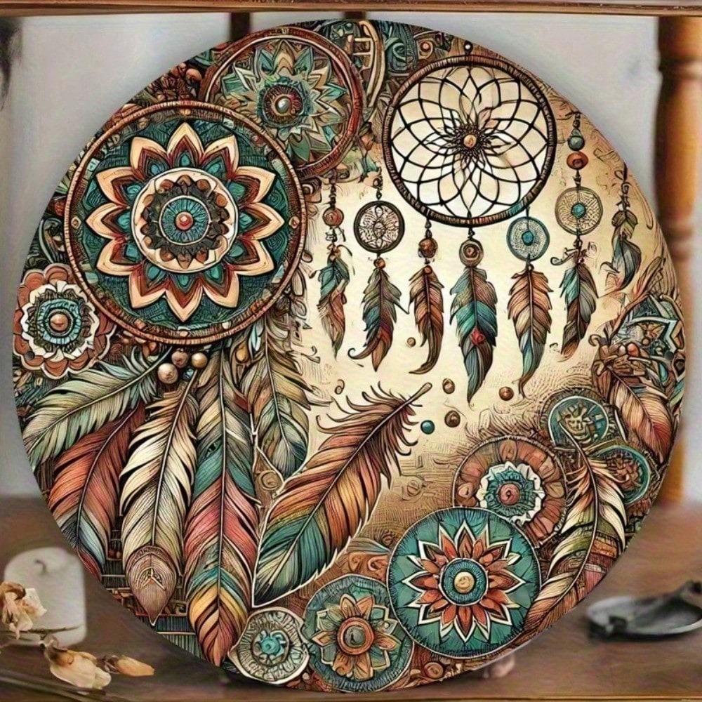 Bohemian Dream Catcher Metal Sign 8x8 Inch Handmade Wall Decor with Vintage Feathers Floral Design Boho Home Ornament