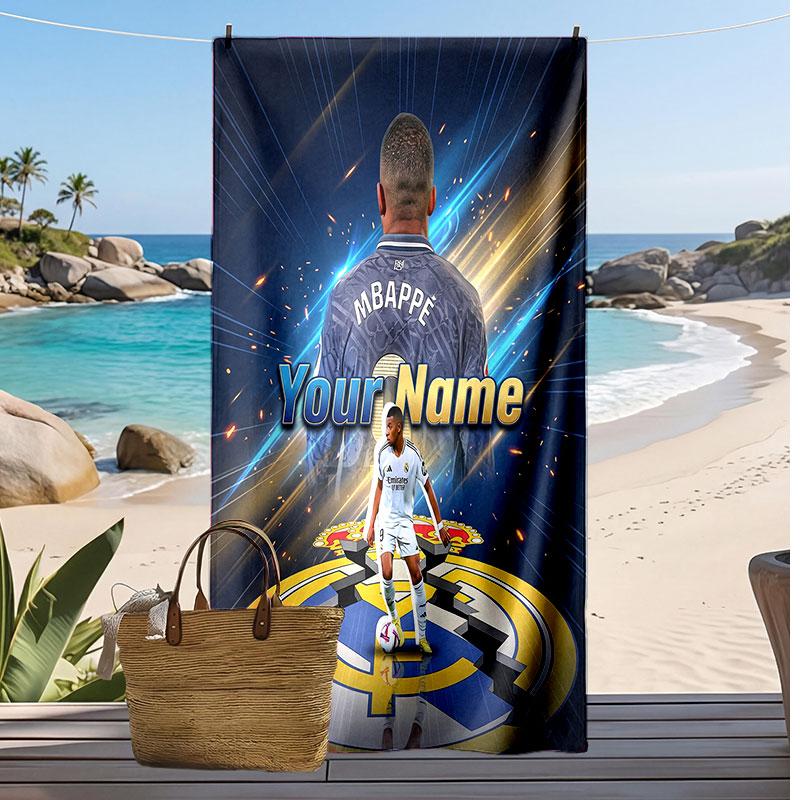 Kylian Mbappe Personalisiertes Bedrucktes Strandtuch Fußball Logo Unterstützung Benutzerdefinierter Name Text Saugfähiges Handtuch Für Sport Reisen Besonderes Geschenk