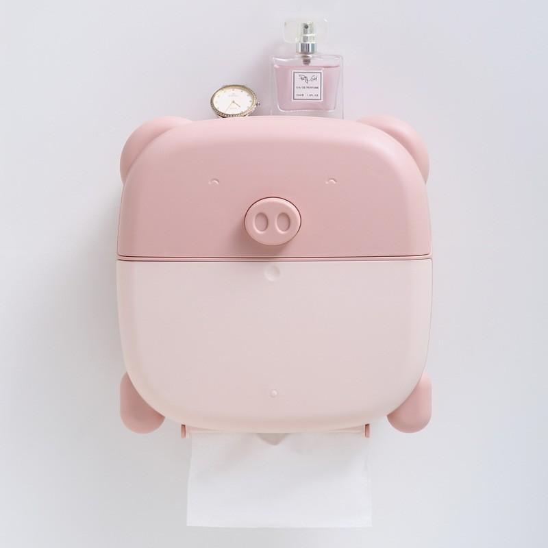 Pink Pig Bear Wall Mount Tissue Organizer With Nodrill Installation For Home Use And Gifting