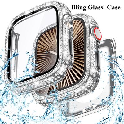 Bling Glas+Cover Voor Apple Watch Case 46mm 44mm 45mm 41mm 40mm 42mm Ultra1/2 49mm Diamanten bumper+Schermbeschermer iwatch serie 10 9 8 7 5 6 SE