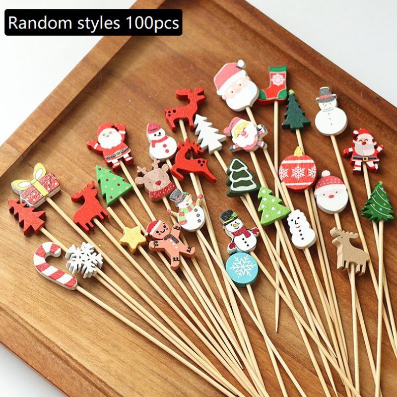 100Pcs Festive Christmas Fruit Skewers With Santa, Snowflake And Tree Designs - Disposable Bamboo Skewers For Parties, Desser