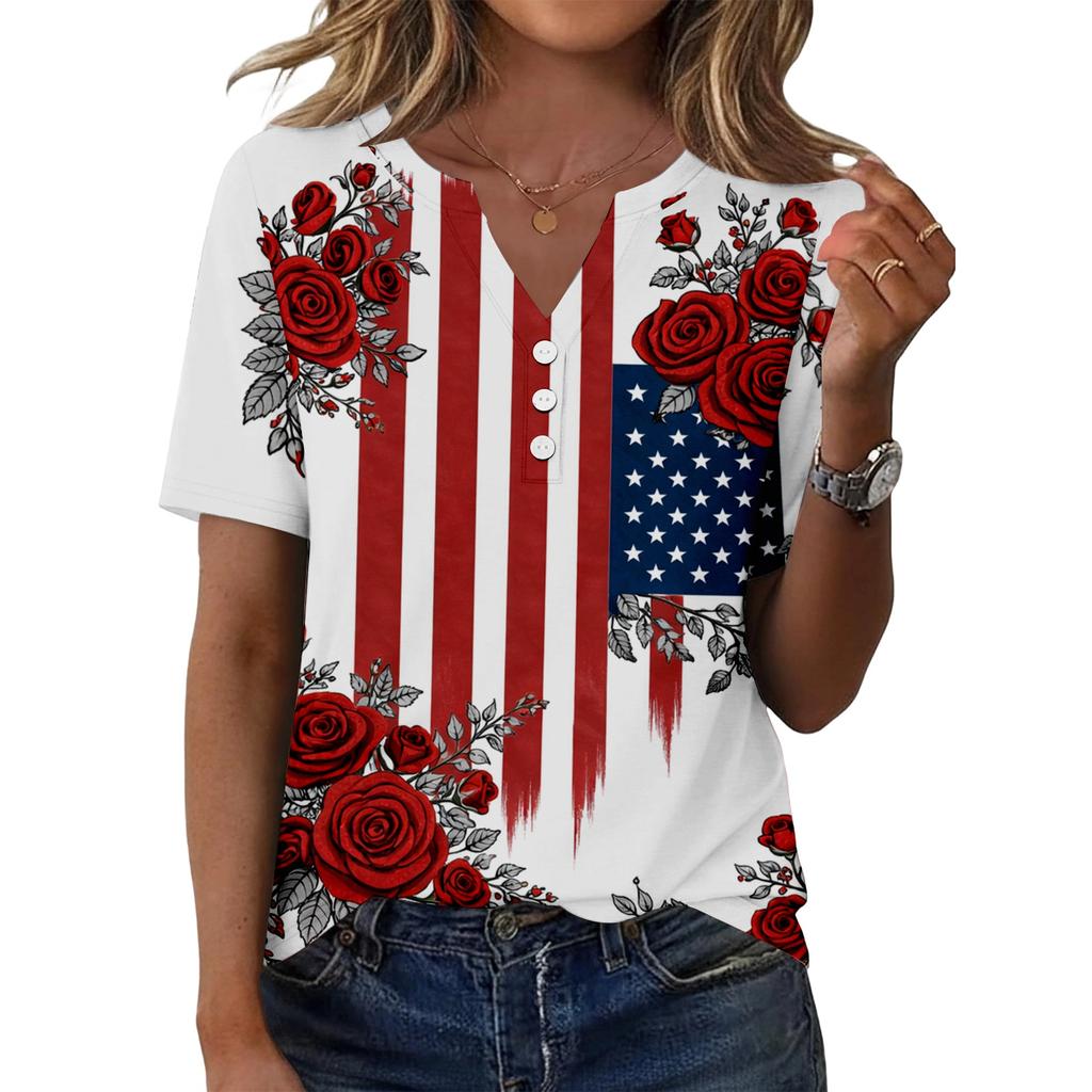 Women's fashionable casual short-sleeved Independence Day print V-neck top