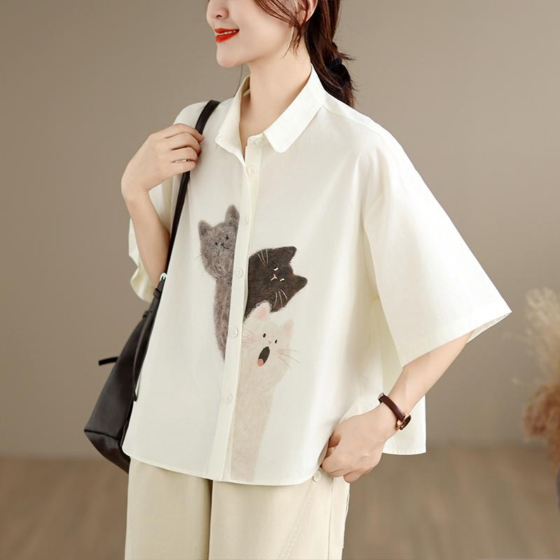 DIMANAF 2026 Women Plus Size New Summer Blouse Shirt Short Sleeve Cotton Print Casual Loose Lady Tops Shirts