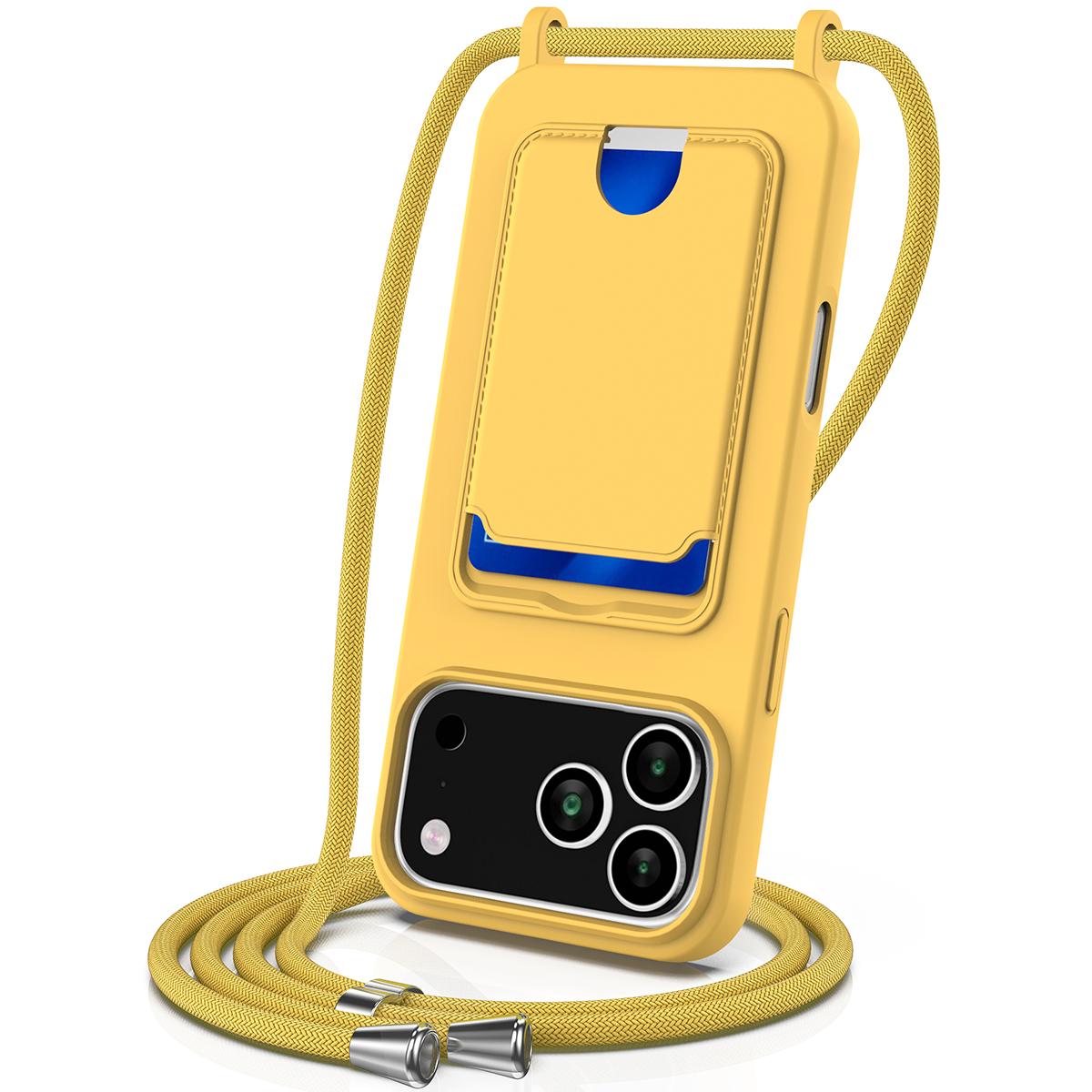 

For iPhone 17 Pro Case Liquid Silicone Card Holder Back Phone Cover with Lanyard Yellow