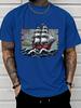 Unisex White Tee Retro Sailing Ship Ocean Wave Island Graphic Print Short Sleeve Loose Casual Basic Top For Adult Male Daily Wear