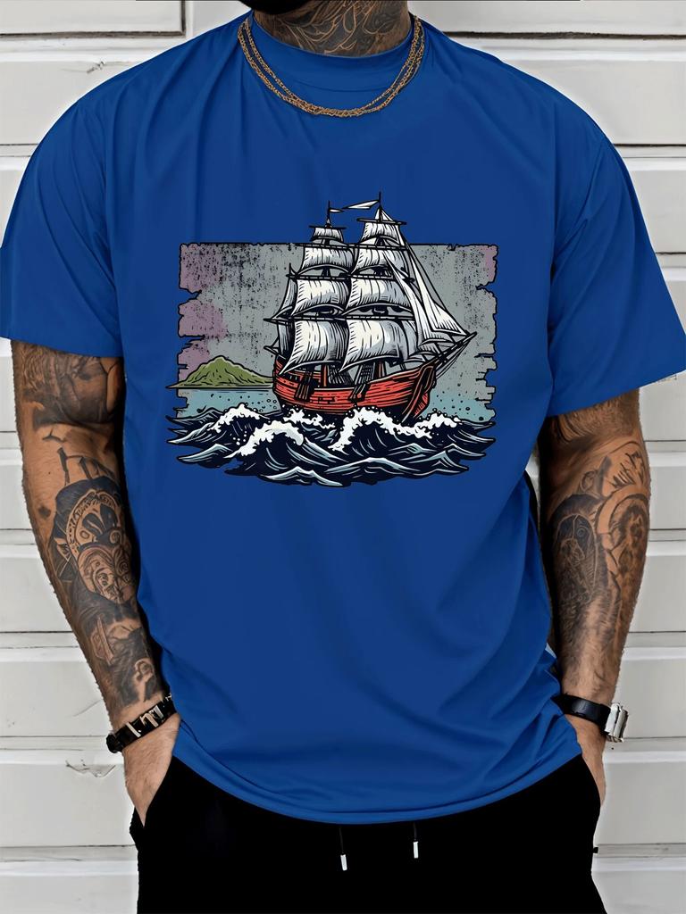 Unisex White Tee Retro Sailing Ship Ocean Wave Island Graphic Print Short Sleeve Loose Casual Basic Top For Adult Male Daily Wear