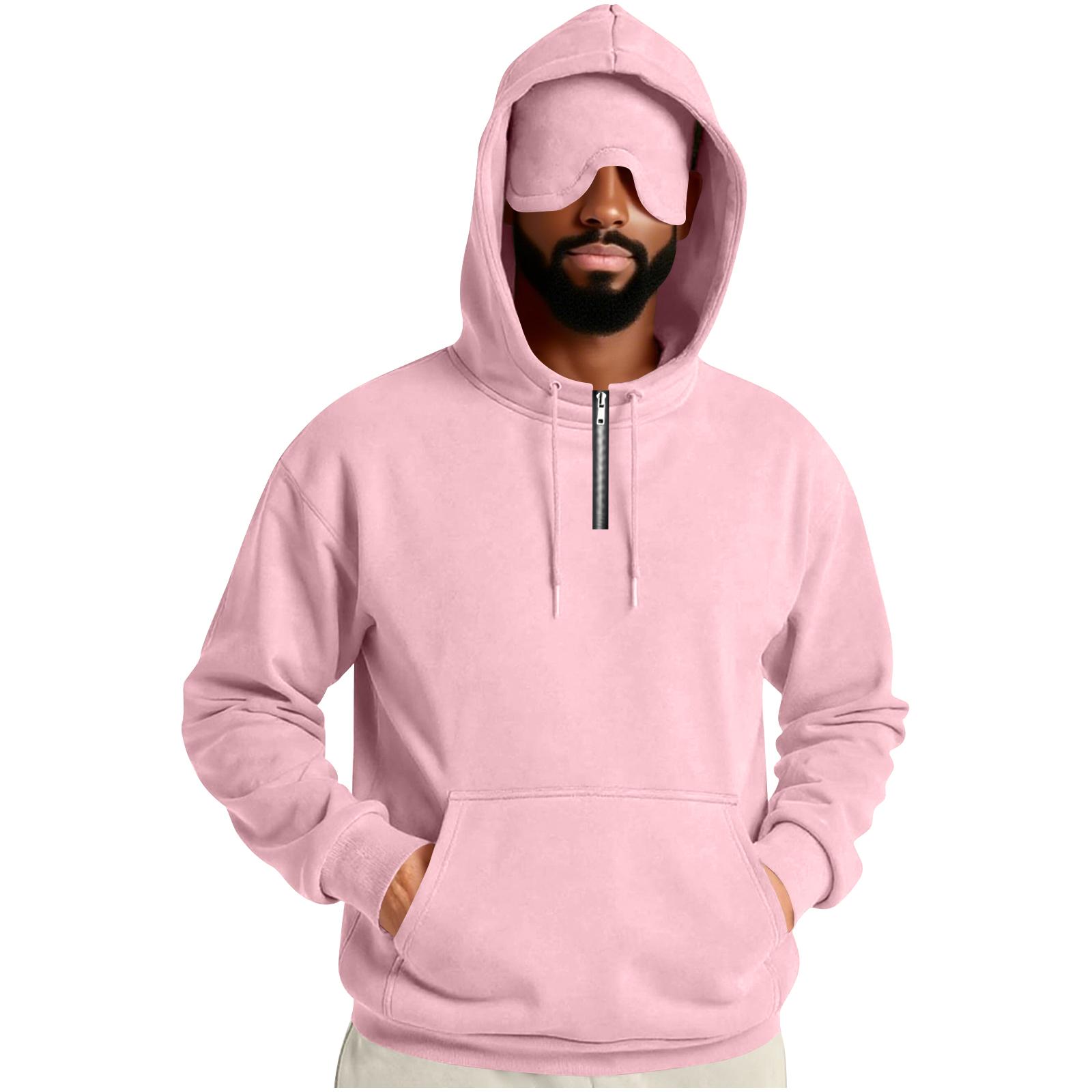 

Мужская однотонная толстовка с капюшоном, карманом-кенгуру и маской для глаз на молнии до середины груди L розовый