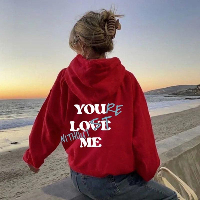 Women'S Fleece Shoulder Sleeve Sweater Plain Letter Print Kangaroo Pocket Drawstring Print Hoodie
