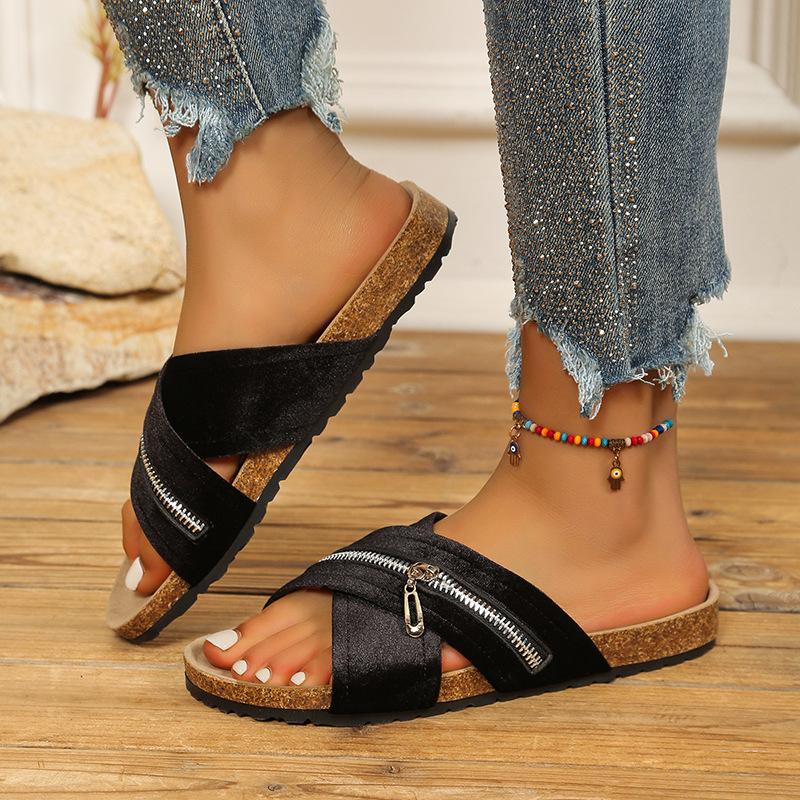 Sandals 2025 Summer European and American New Flat-bottomed Casual Cross-zipper Decorative Men's and Women's Flat-bottomed Slippers
