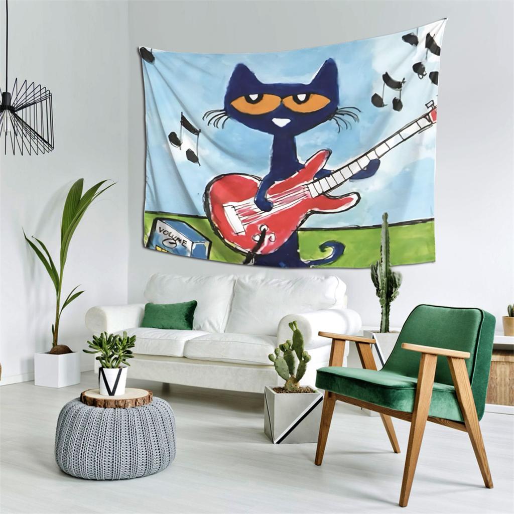 Pete the Cat Rockstar Tapestry Colorful Guitar Playing Cat Wall Decor for Kids Bedrooms Classroom Reading Nooks