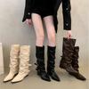 Belt Buckle Pants Boots Thick Heel Boots Long Boots Female European and American Spice Girls High Boots Pointed Black Fried Street Pants Boots