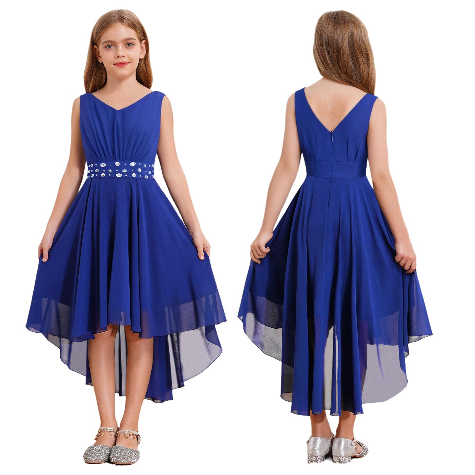 

Вечернее платье для девочек, платье с тонкой талией, блестящее праздничное платье с бисером, шифоновое платье для девочек с цветочным узором, свадебная вечеринка 13-14 Years синий