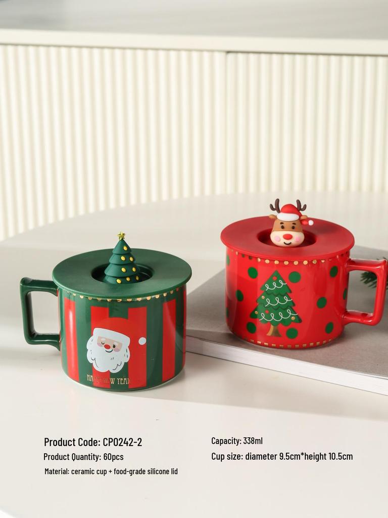 Cute Elk Christmas Ceramic Mug Set with Lid & Spoon - Perfect Holiday Gift