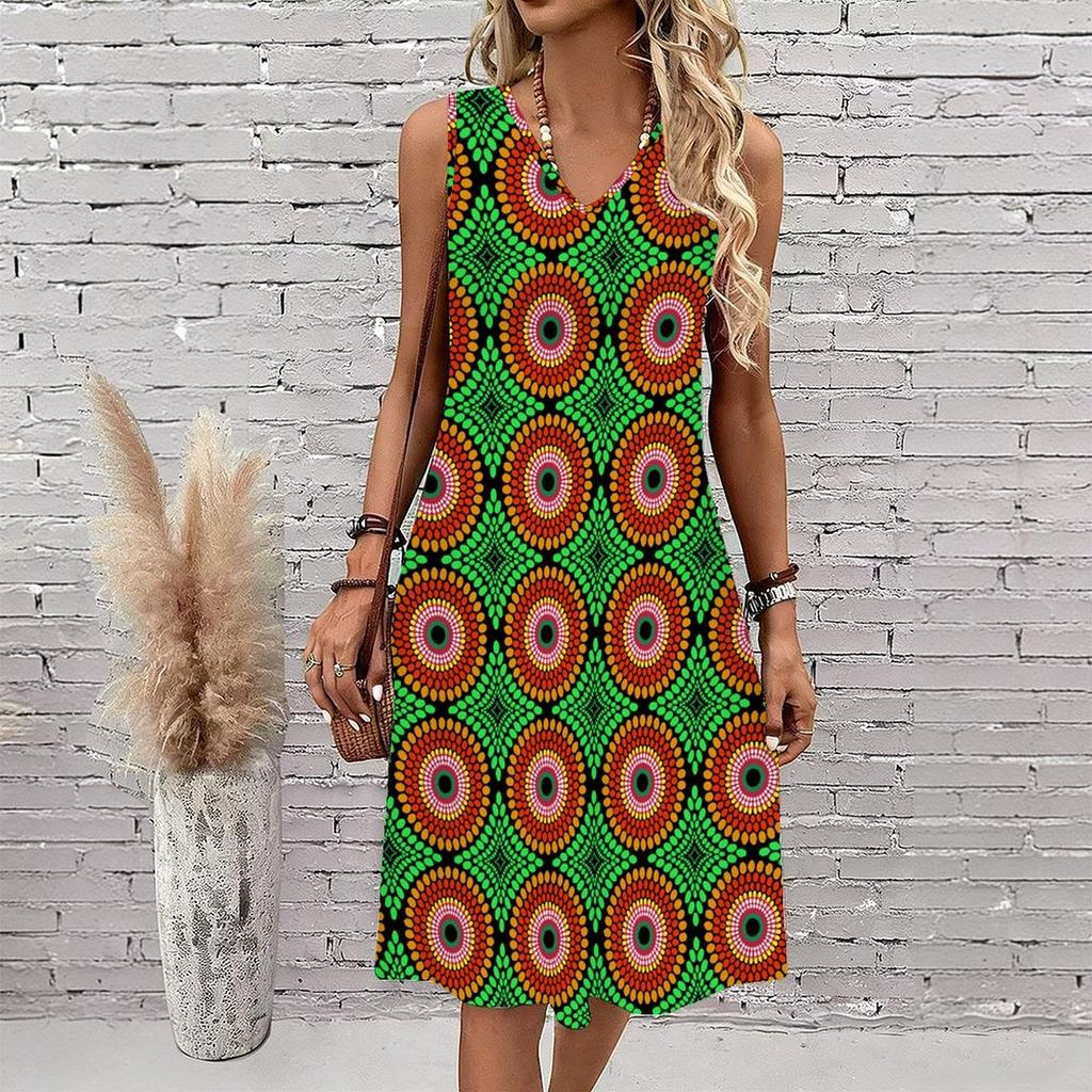 Plus Size V Neck Sleeveless Dress Far Mountain Cloud Ink Print For Wetland Park Tour