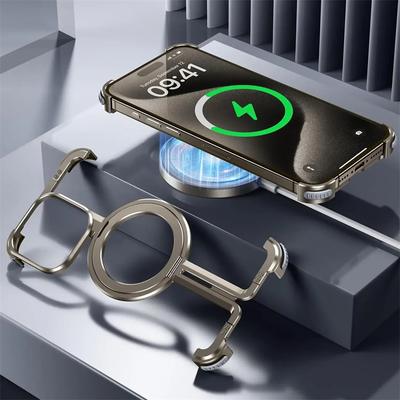 Luxury Aluminum Alloy Frameless Hollow Holder Phone Case For iPhone 15 14 13 12 Pro Max Plus Magsafe Magnetic Metal Frame Cover
