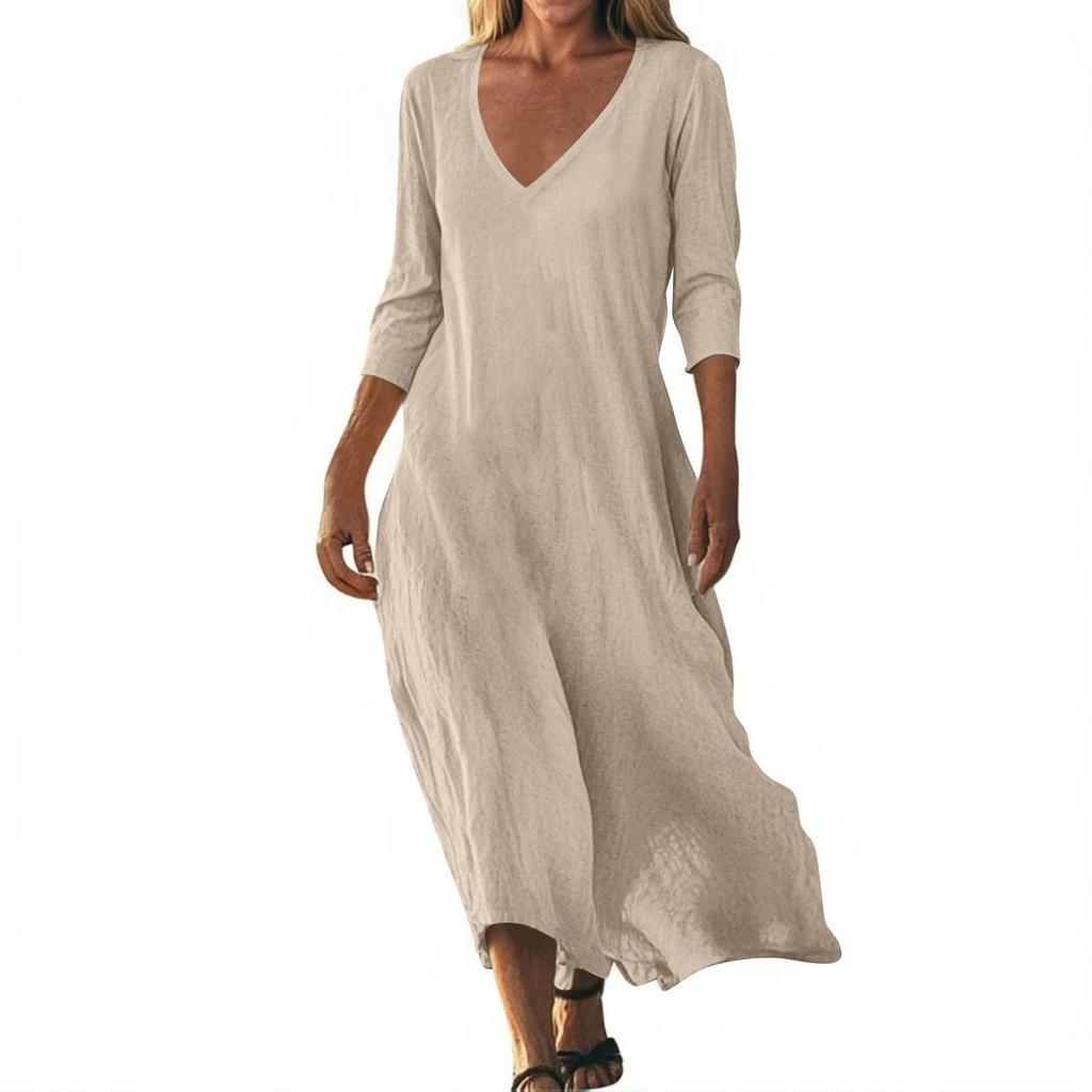 Lässiges Sommerkleid mit Print, 3/4-Ärmeln, Ausschnitt, locker, Strandkleid