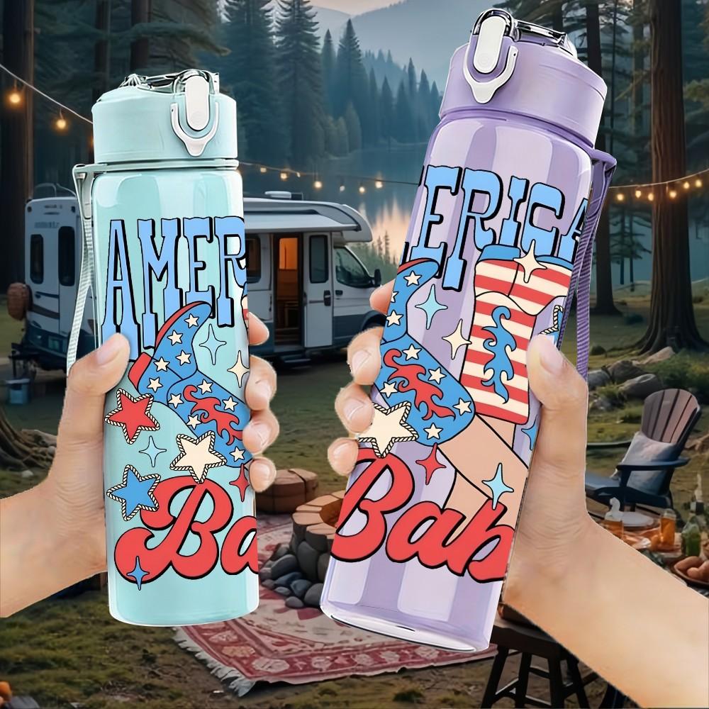 1PC American Babe Vintage Text Pattern 750ml Color Plastic Sports Water Bottle Leakproof Flip Straw Lid Suitable for Sports Office Home Use