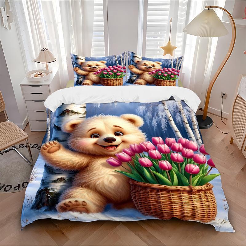 3pcs Anime Cartoon Bear with Pink Tulips Bedding Set - Includes One Quilt Cover and Two Pillowcases (No Core) - Festive Gift for Bedroom Dec