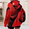 Women Plus Size Long Sleeve Zip Up Hoodie Red Black Abstract Printed With Drawstring Hood And Pockets