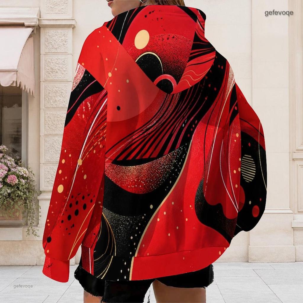 Women Plus Size Long Sleeve Zip Up Hoodie Red Black Abstract Printed With Drawstring Hood And Pockets