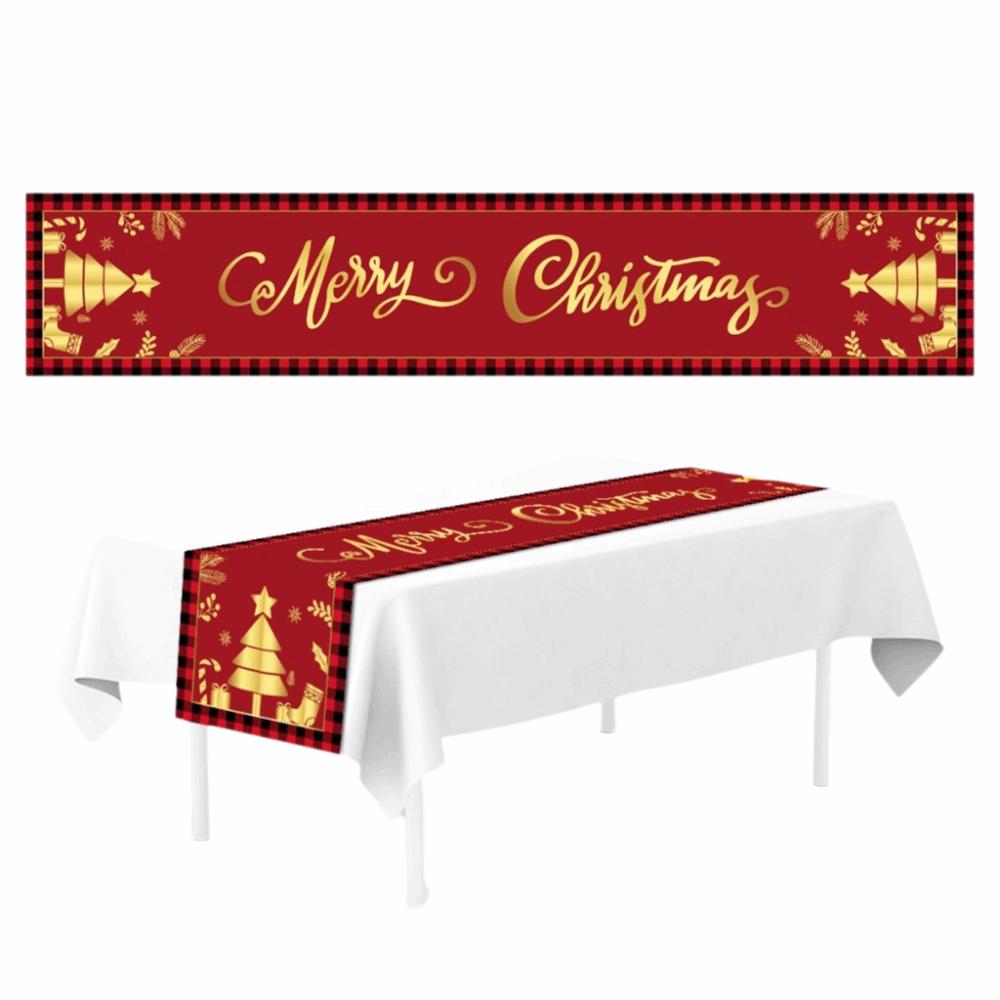 33*183cm Size Christmas Table Runner Polka Dot Cartoon Reindeer Xmas Decorations Reusable Red Linen Dining Table Decoration