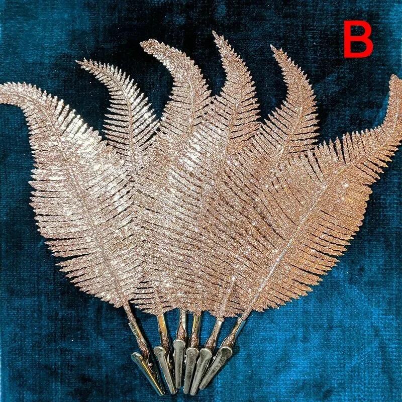 6Pcs Fashion Feathers Simulation Leaf Christmas Tree Ornament Gold Silver Power Glitter Home Decor Plant Wedding Party