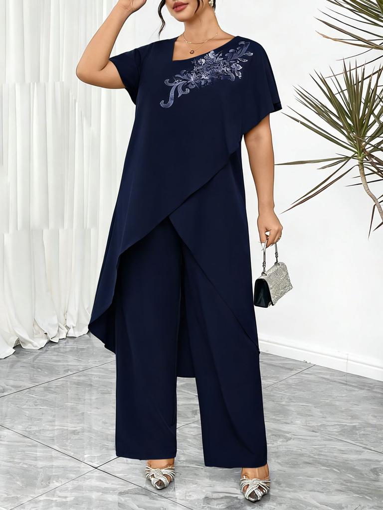 European and American cross-border plus-size women's 2026 summer fashion print irregular mid-length top wide-leg pants two-piece set